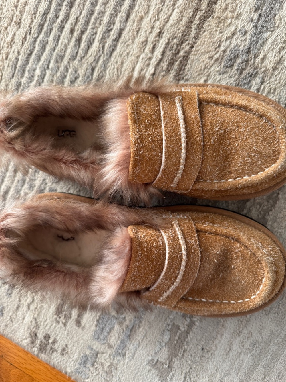 UGG women’s  Chestnut Suede Fur-Lined Moccasin Slippers with Pink Fur Trim